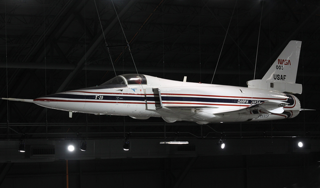 The first X-29, serial number 82-003, hangs in the Research and Development Gallery at the National Museum of the United States Air Force (Tim Shaffer)